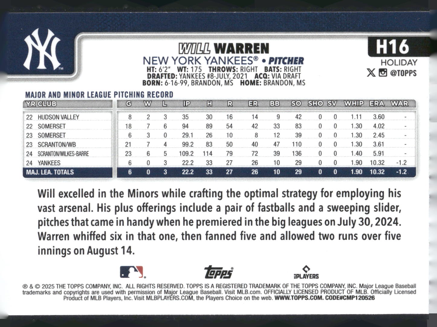 2025 Topps Holiday #H16 Will Warren
