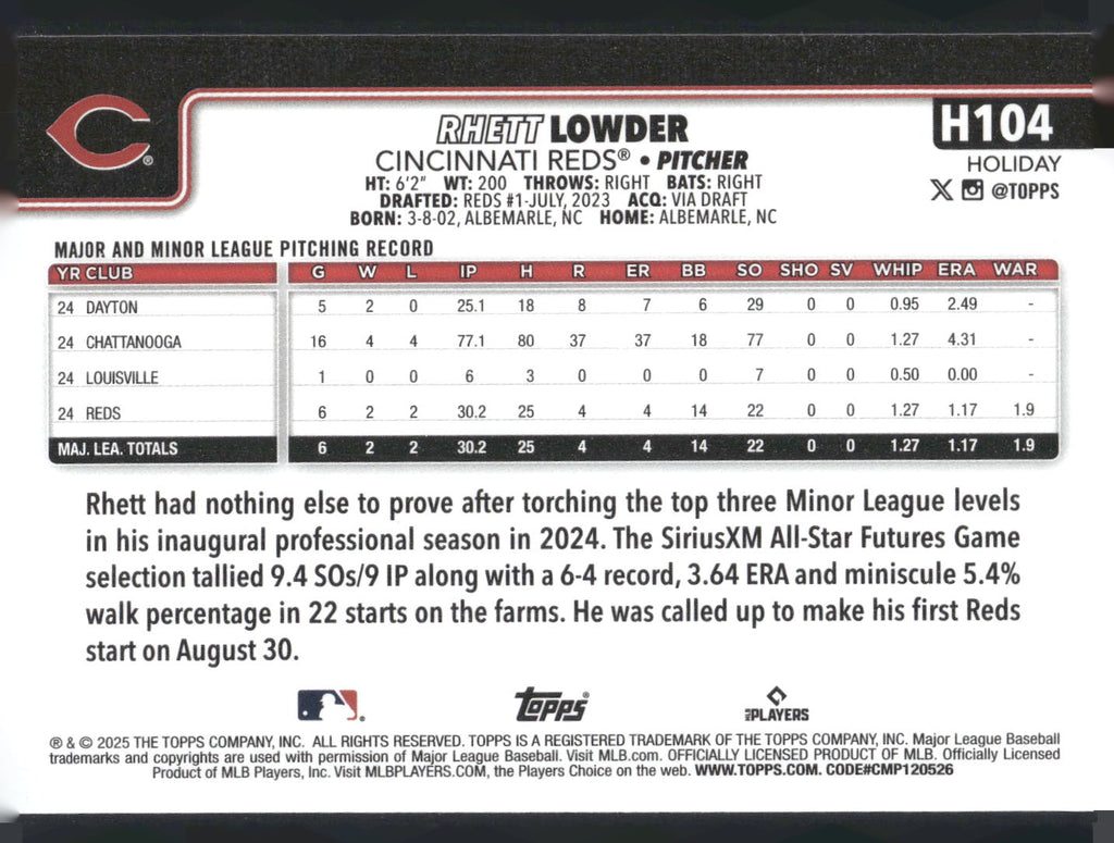2025 Topps Holiday #H104 Rhett Lowder