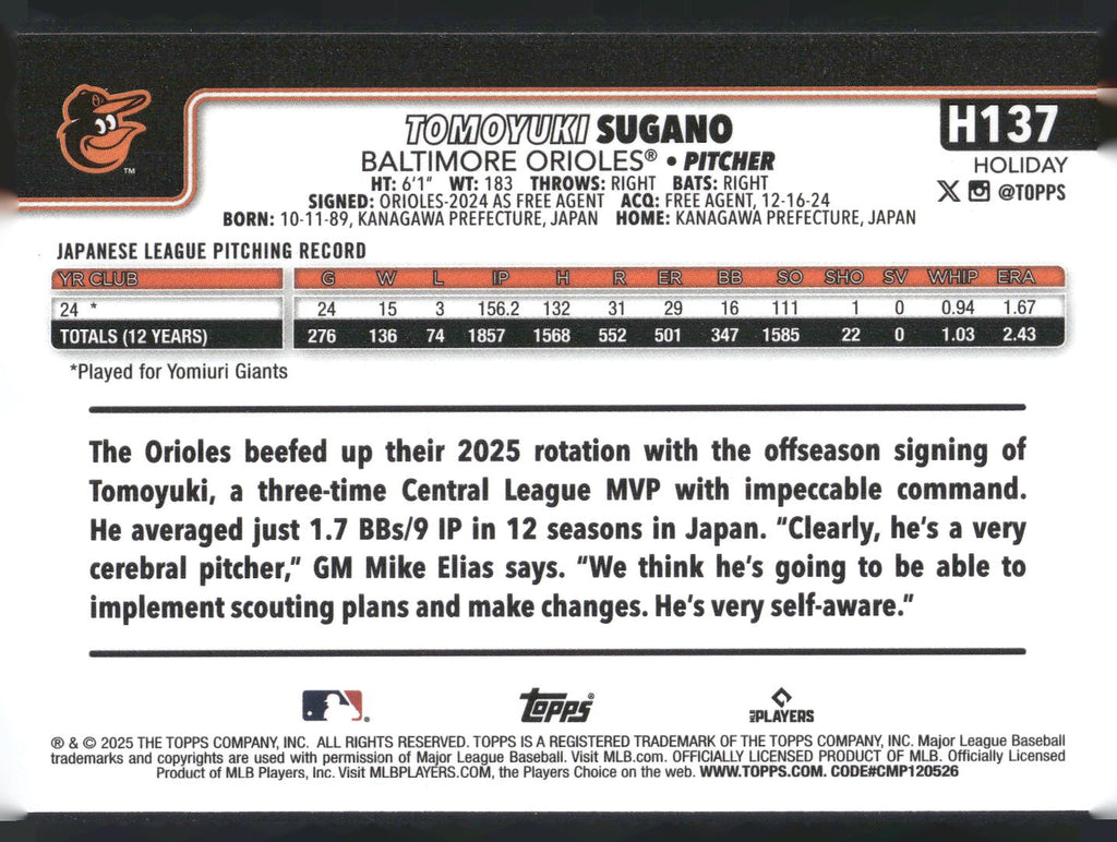 2025 Topps Holiday #H137 Tomoyuki Sugano