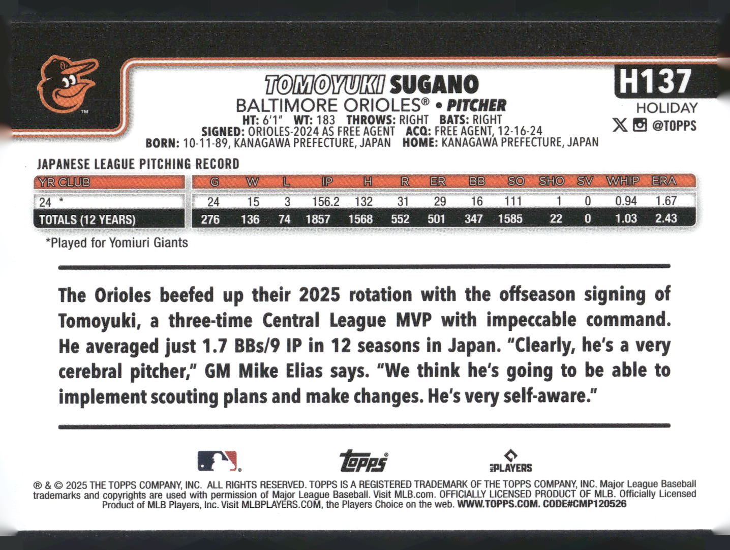 2025 Topps Holiday #H137 Tomoyuki Sugano