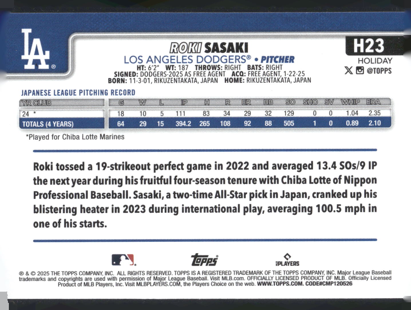 2025 Topps Holiday #H23c Roki Sasaki