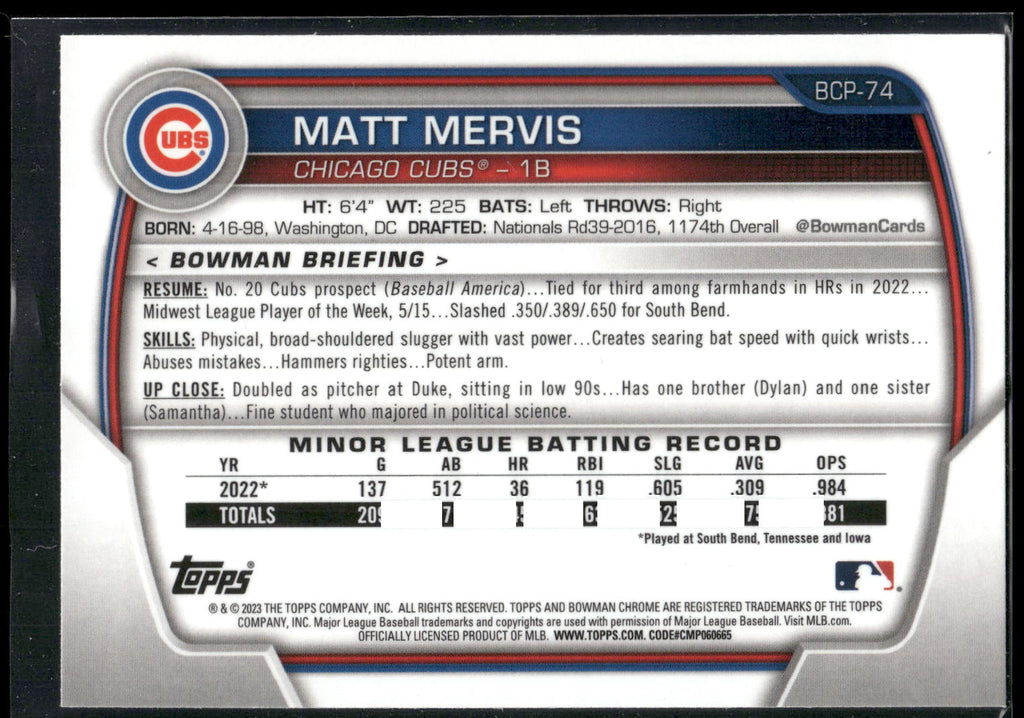 2023 Bowman #BCP-74 Matt Mervis Chrome Prospects