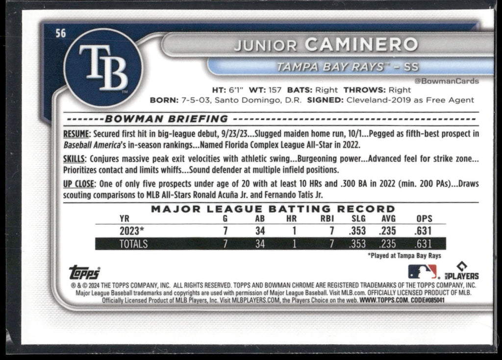 2024 Bowman Chrome #56 Junior Caminero