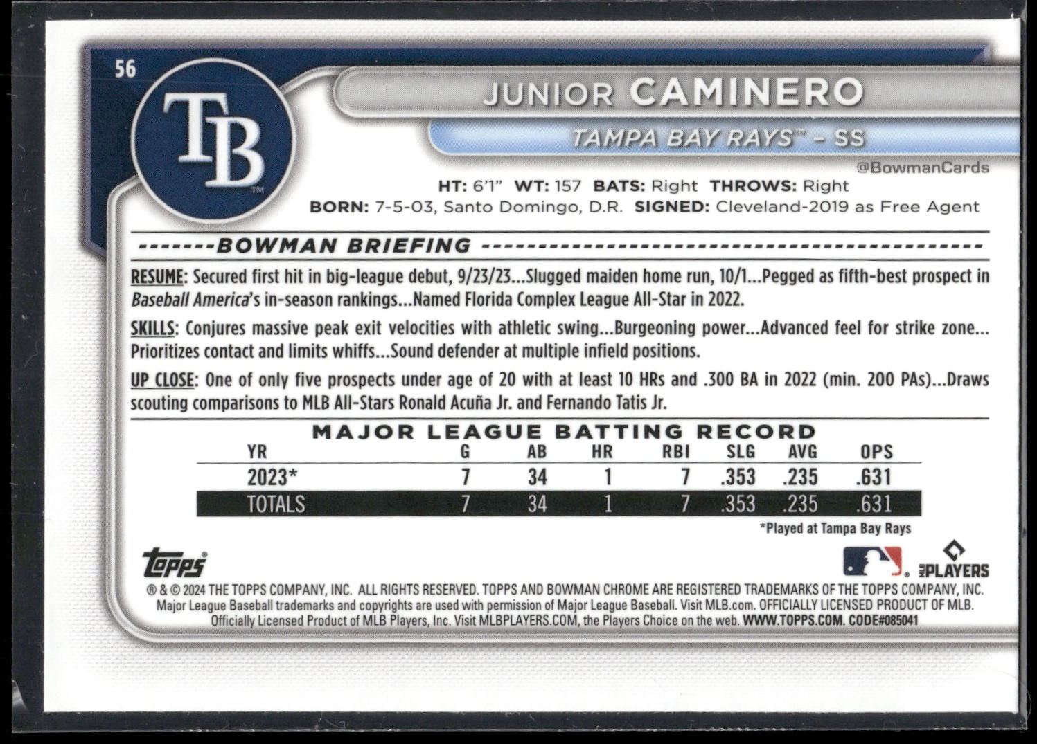2024 Bowman Chrome #56 Junior Caminero