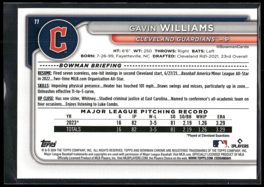 2024 Bowman Chrome #77 Gavin Williams