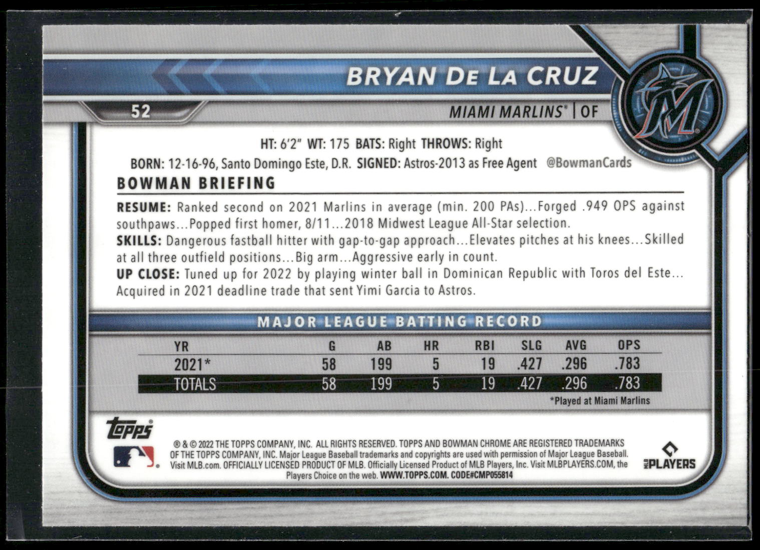 2022 Bowman Chrome #52 Bryan De La Cruz