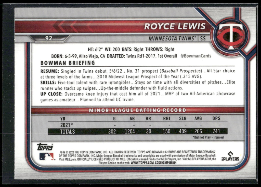 2022 Bowman Chrome #92 Royce Lewis