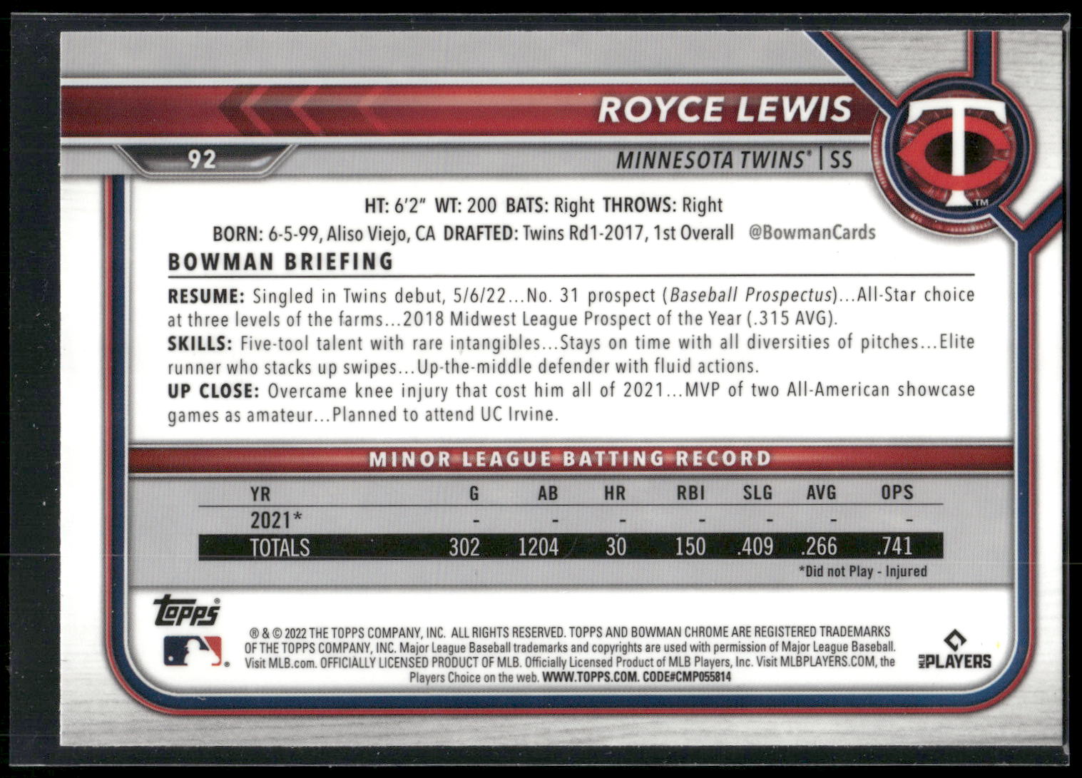 2022 Bowman Chrome #92 Royce Lewis