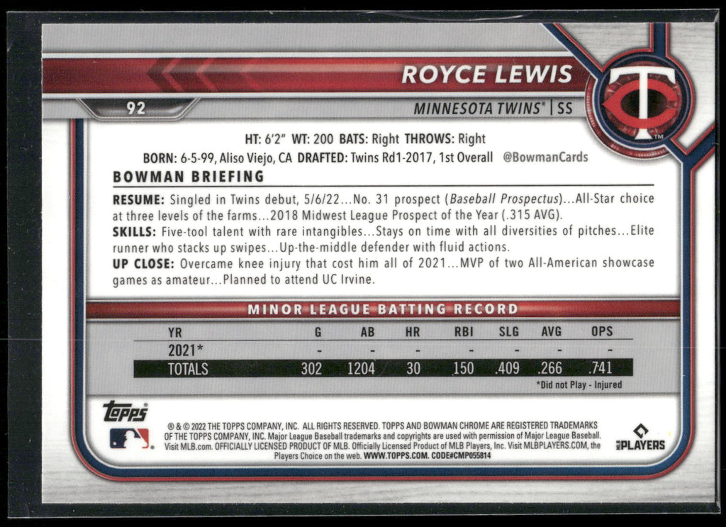 2022 Bowman Chrome #92 Royce Lewis