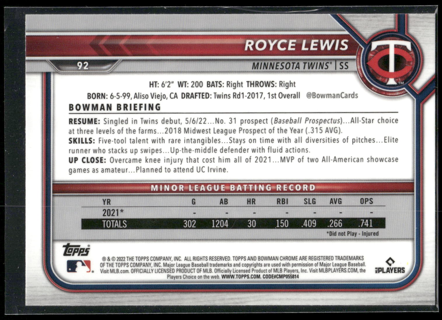 2022 Bowman Chrome #92 Royce Lewis
