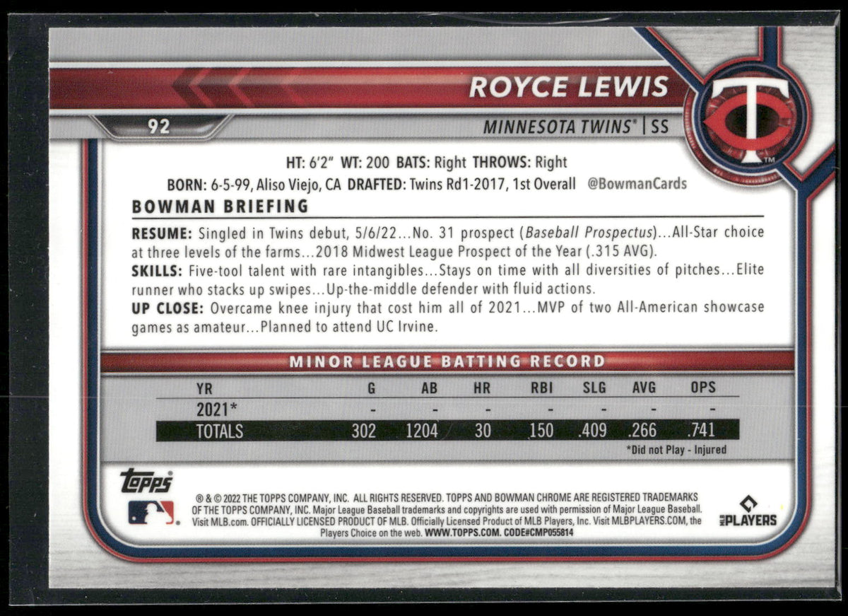 2022 Bowman Chrome #92 Royce Lewis