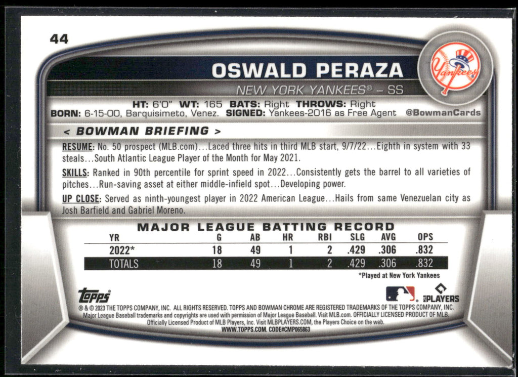 2023 Bowman Chrome #44 Oswald Peraza