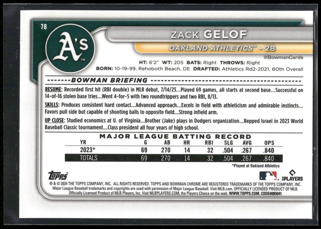 2024 Bowman Chrome #78 Zack Gelof