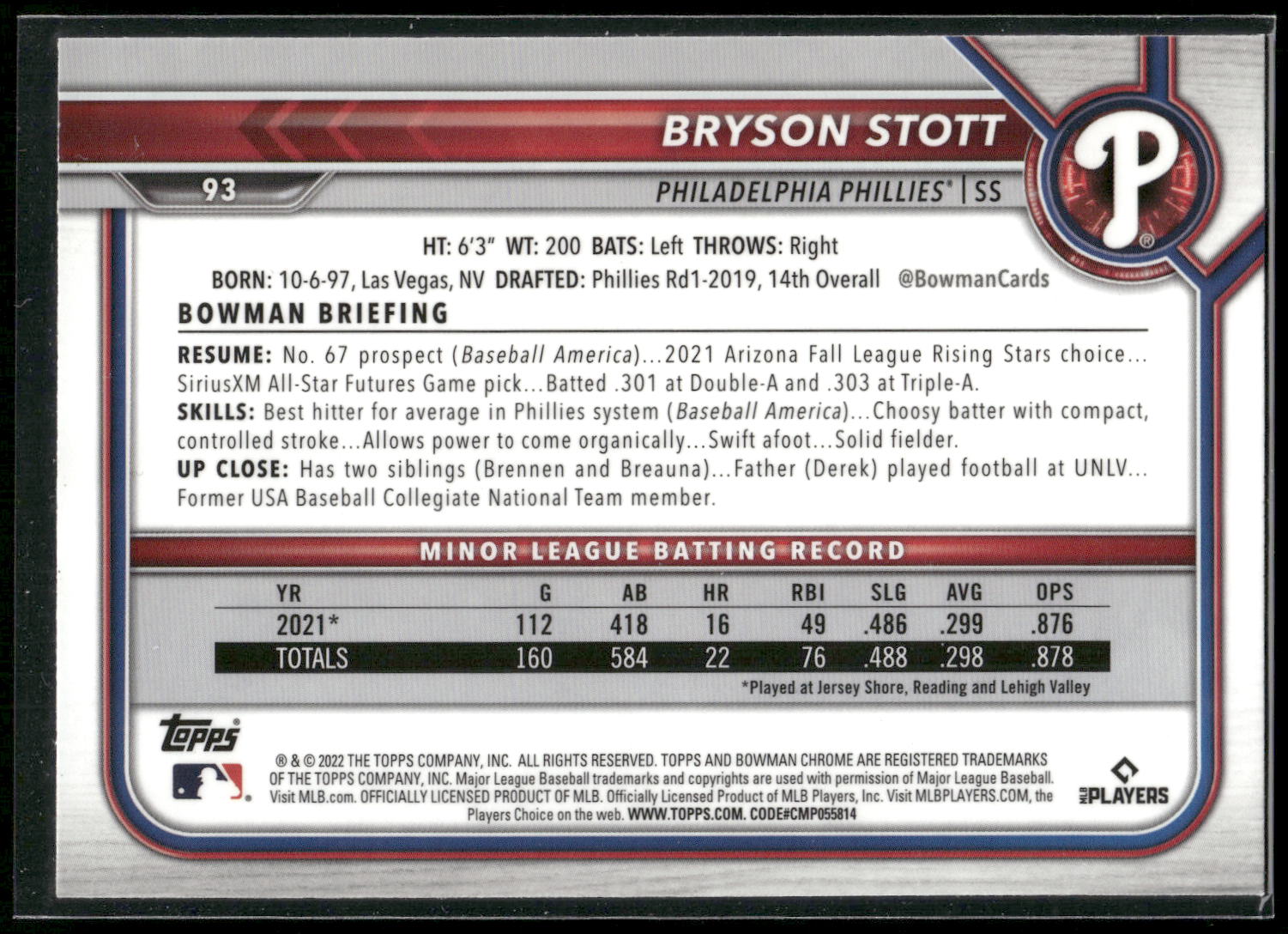 2022 Bowman Chrome #93 Bryson Stott