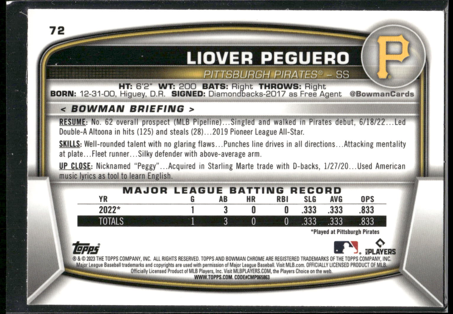 2023 Bowman Chrome #72 Liover Peguero