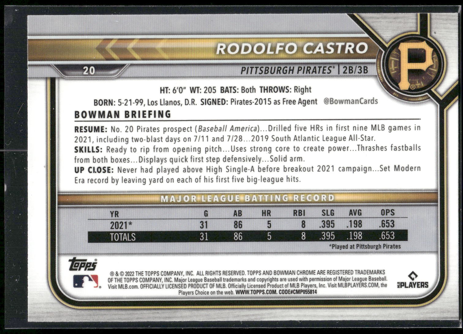 2022 Bowman Chrome #20 Rodolfo Castro