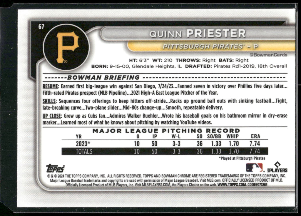 2024 Bowman #67 Quinn Priester Chrome Mojo Refractors