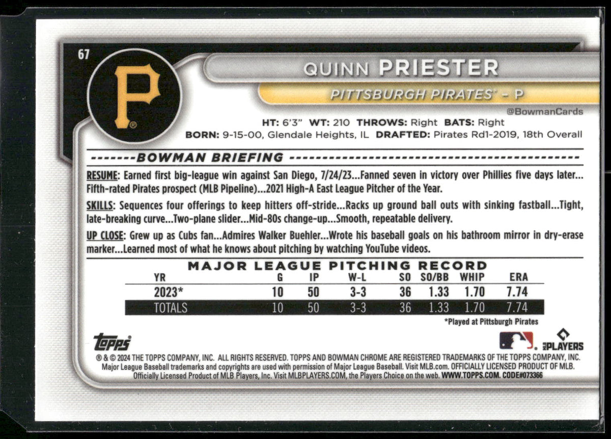 2024 Bowman #67 Quinn Priester Chrome Mojo Refractor