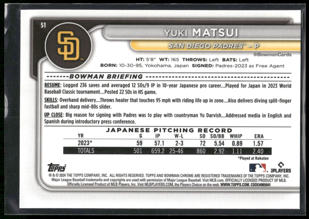 2024 Bowman Chrome #51 Yuki Matsui