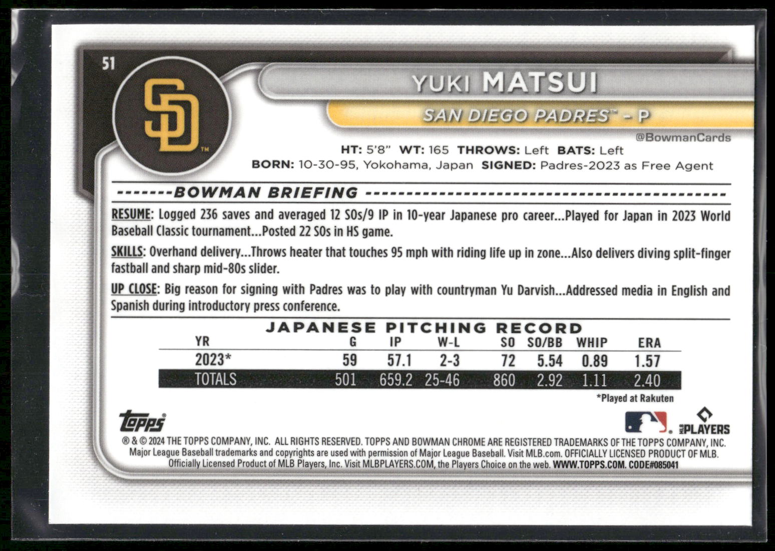2024 Bowman Chrome #51 Yuki Matsui