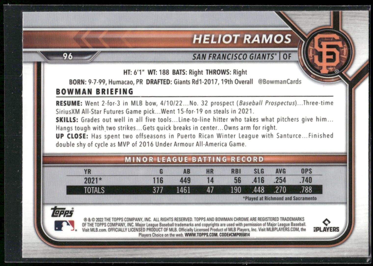 2022 Bowman Chrome #96 Heliot Ramos