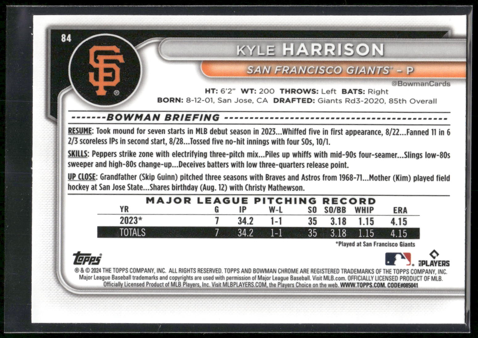 2024 Bowman Chrome #84 Kyle Harrison