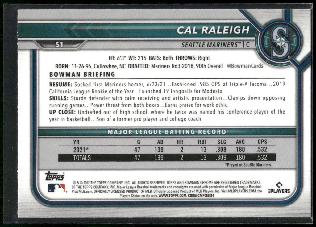 2022 Bowman Chrome #51 Cal Raleigh