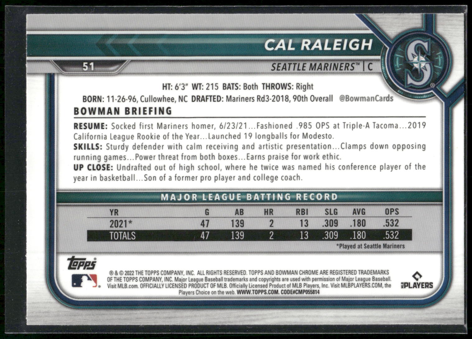 2022 Bowman Chrome #51 Cal Raleigh