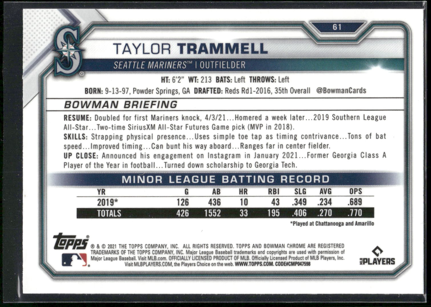 2021 Bowman Chrome #61 Taylor Trammell