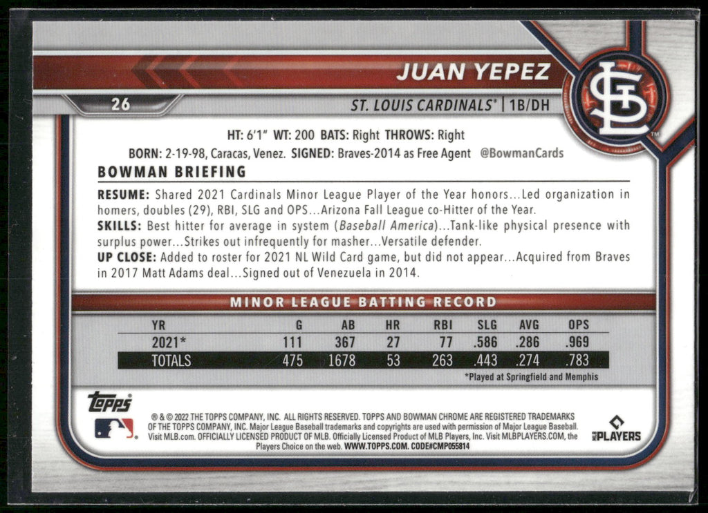 2022 Bowman Chrome #26 Juan Yepez