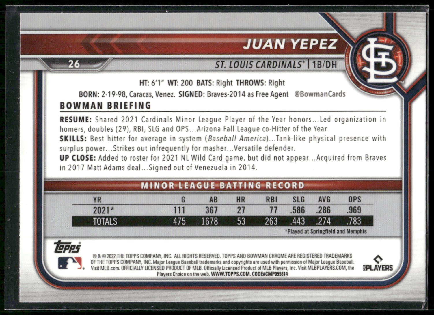 2022 Bowman Chrome #26 Juan Yepez
