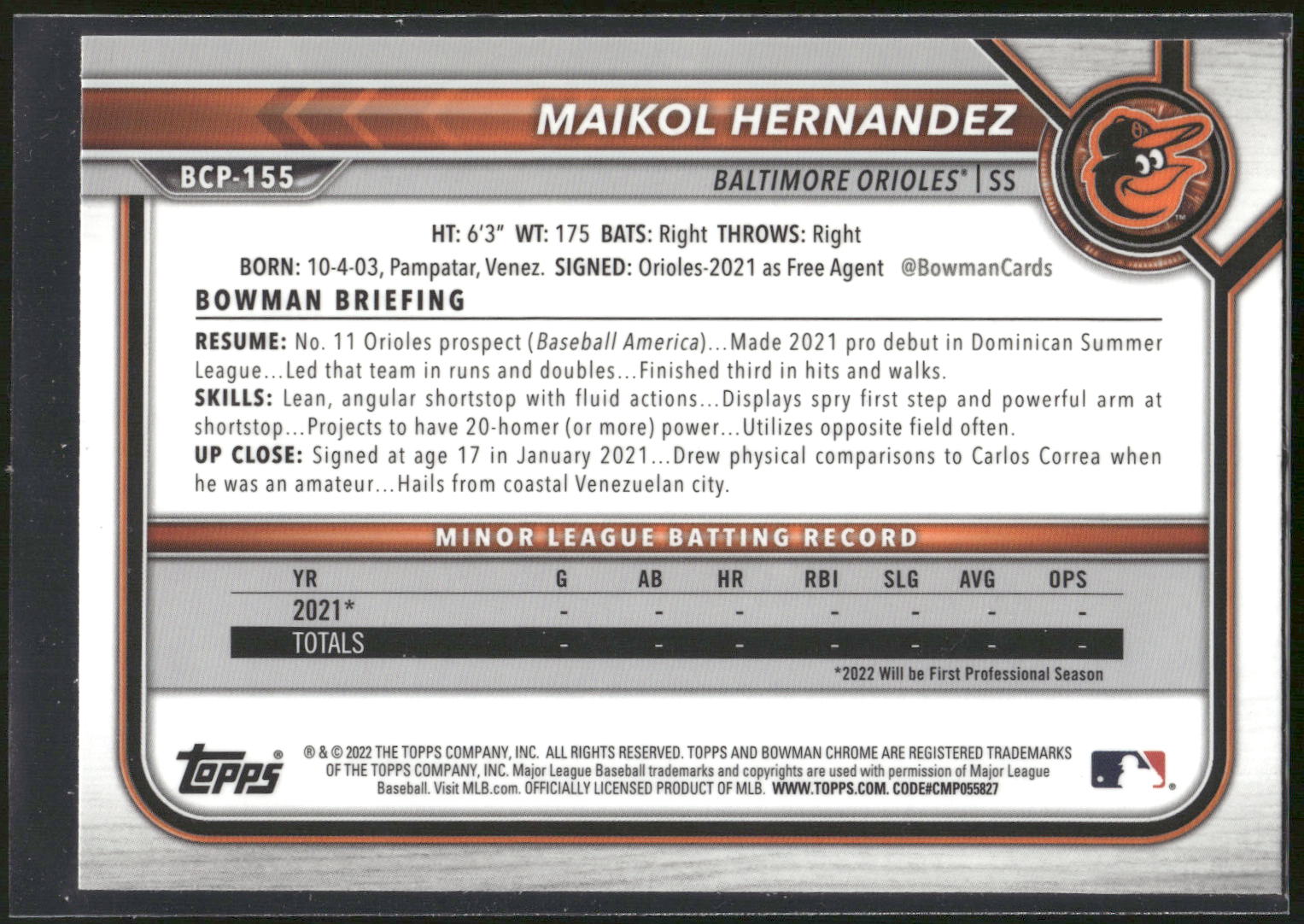 2022 Bowman Chrome #BCP-155 Maikol Hernandez Prospects
