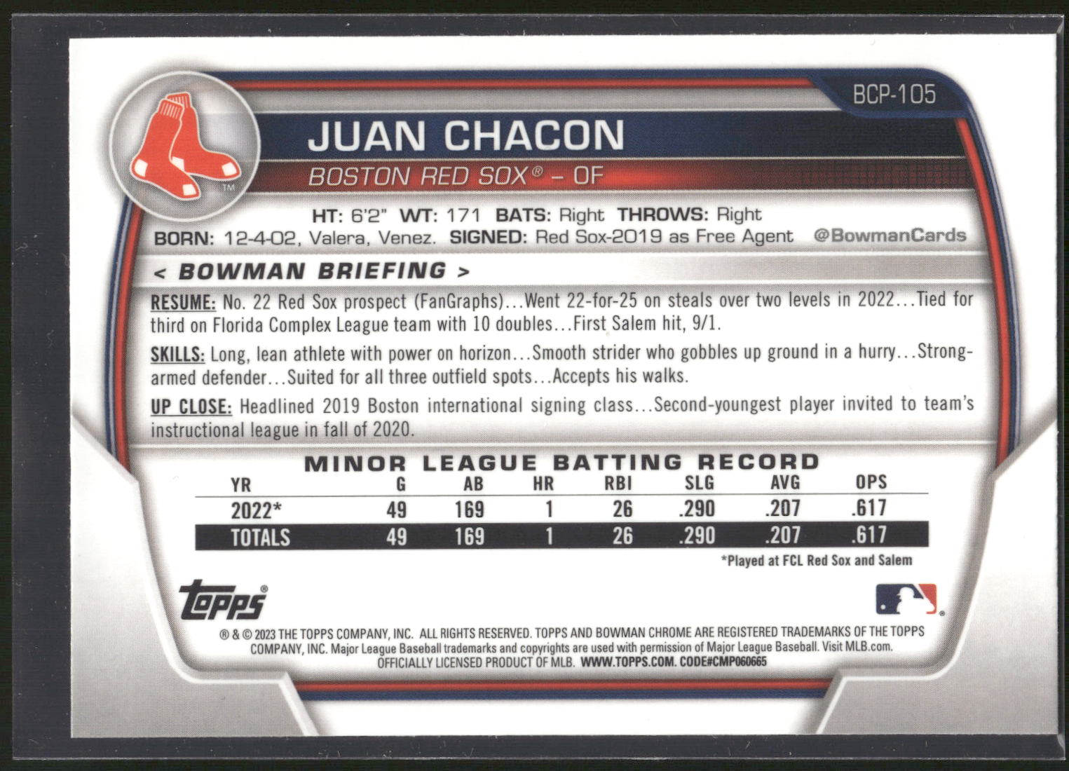 2023 Bowman #BCP-105 Juan Chacon Chrome Prospects