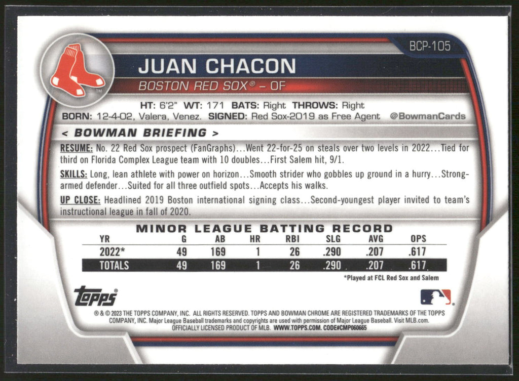 2023 Bowman #BCP-105 Juan Chacon Chrome Prospects