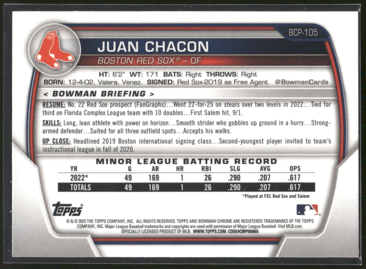 2023 Bowman #BCP-105 Juan Chacon Chrome Prospects
