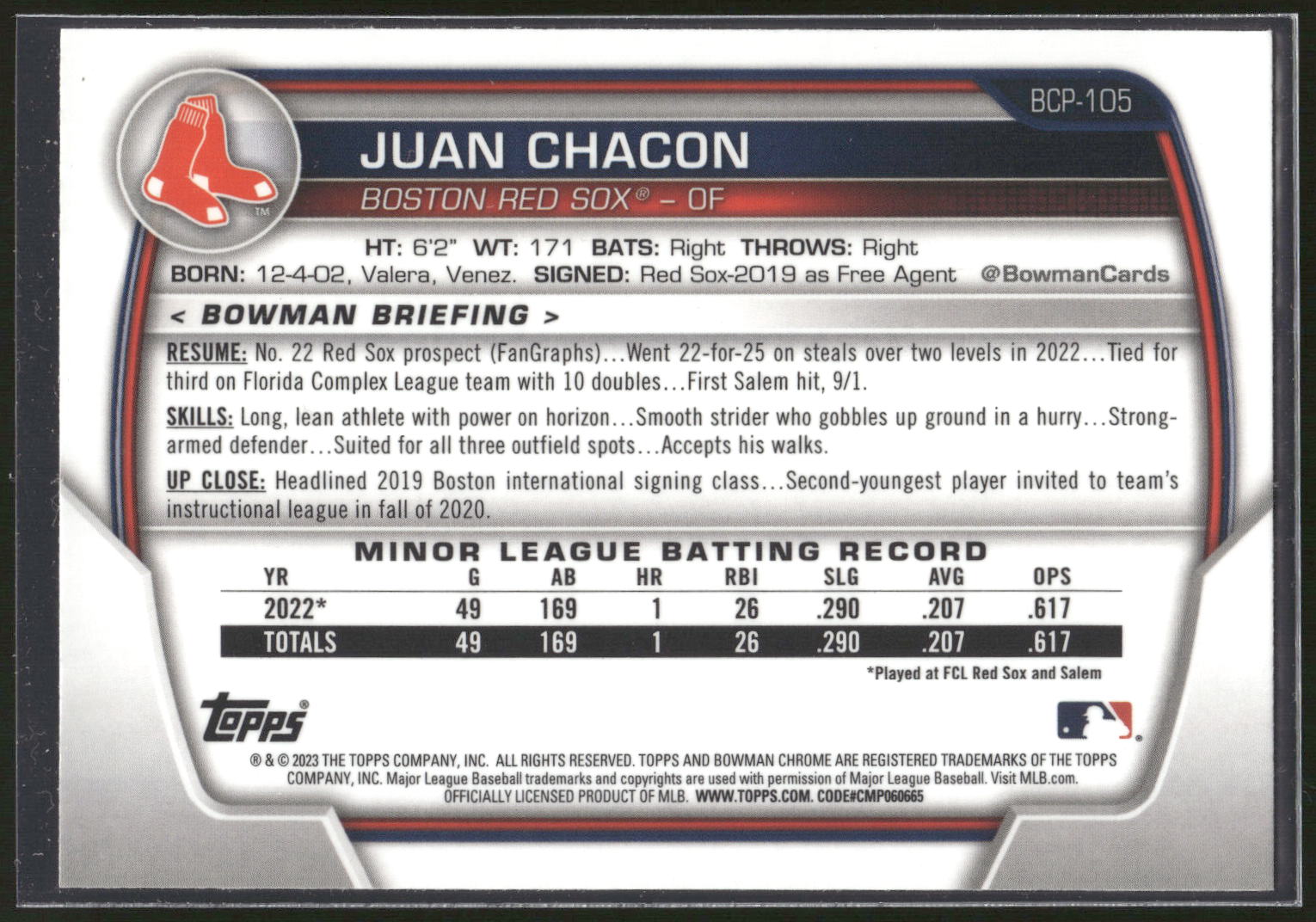 2023 Bowman #BCP-105 Juan Chacon Chrome Prospects