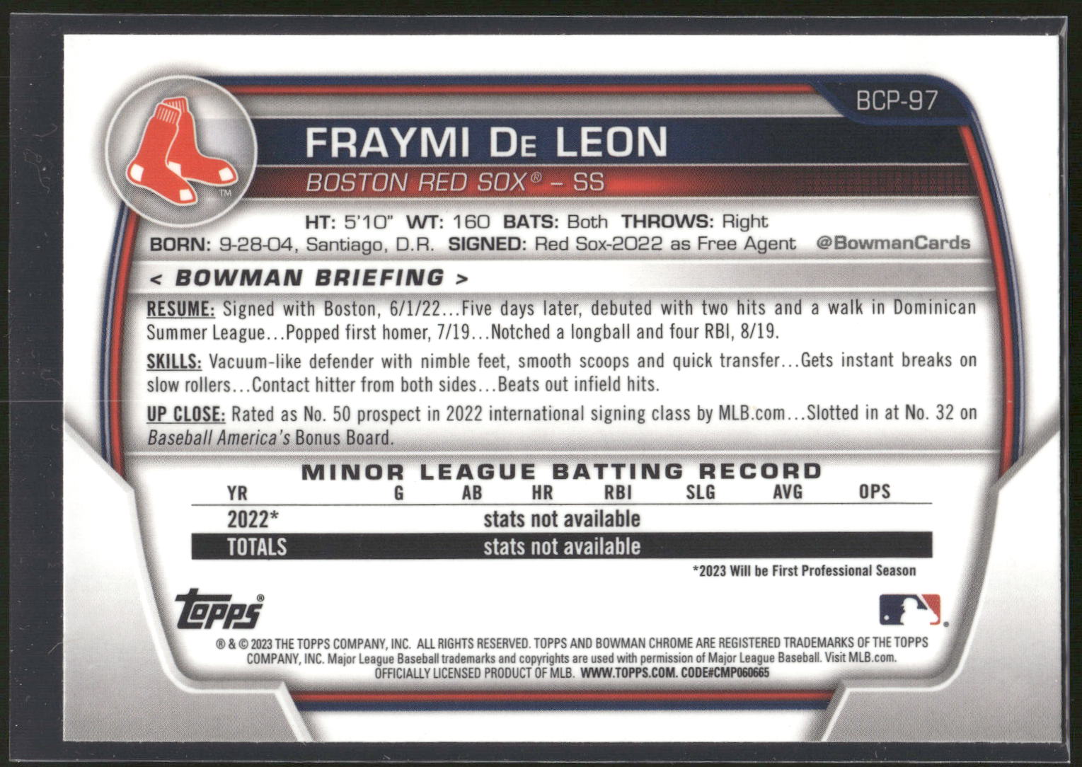2023 Bowman #BCP-97 Fraymi De Leon Chrome Prospects