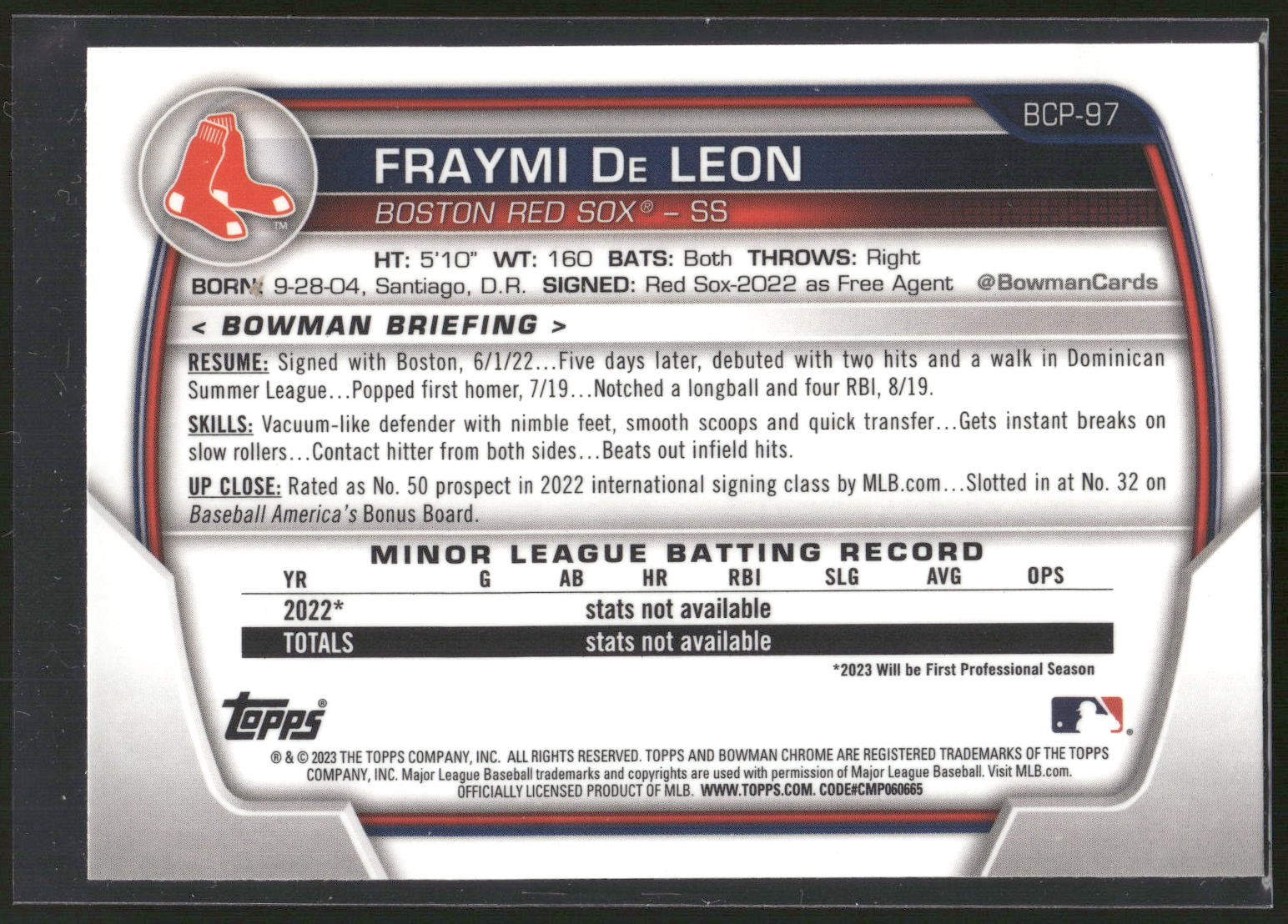 2023 Bowman #BCP-97 Fraymi De Leon Chrome Prospects