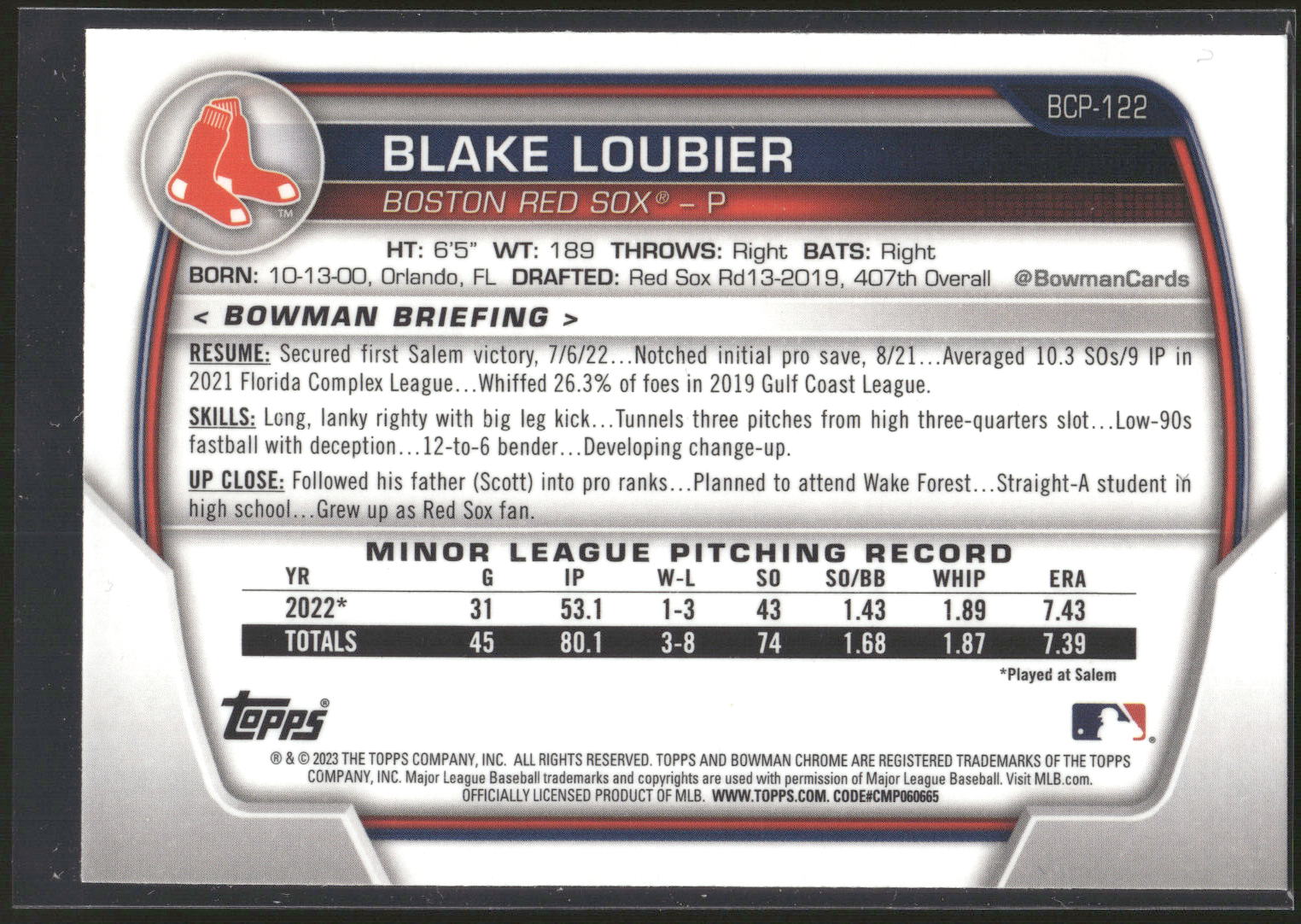 2023 Bowman #BCP-122 Blake Loubier Chrome Prospects