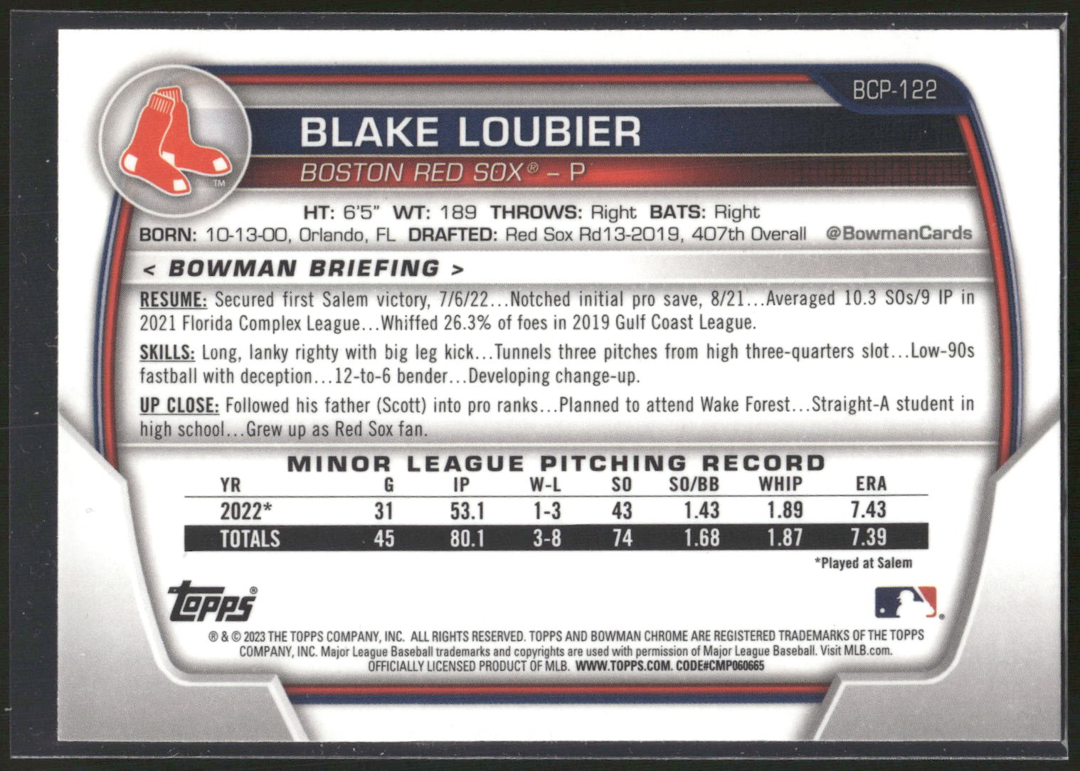 2023 Bowman #BCP-122 Blake Loubier Chrome Prospects