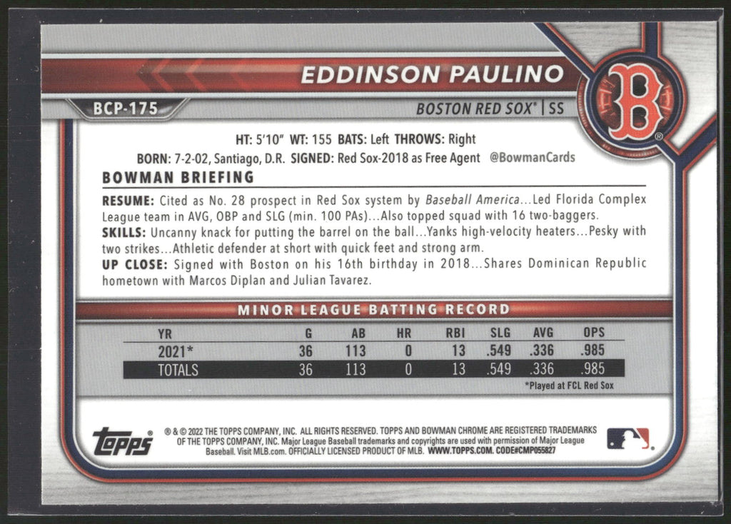 2022 Bowman Chrome #BCP-175 Eddinson Paulino Prospects