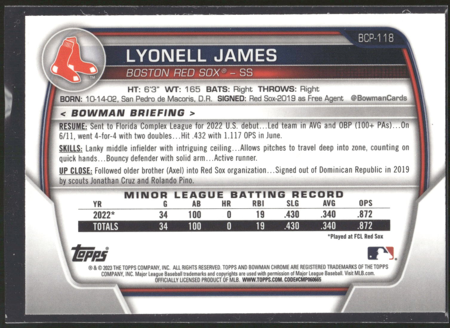 2023 Bowman #BCP-118 Lyonell James Chrome Prospects