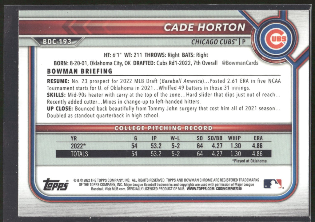 2022 Bowman Draft #BDC-193 Cade Horton Chrome