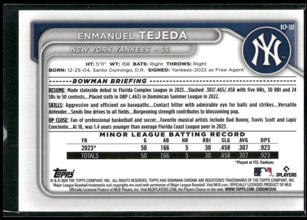 2024 Bowman #BCP-103 Enmanuel Tejeda Chrome Prospects