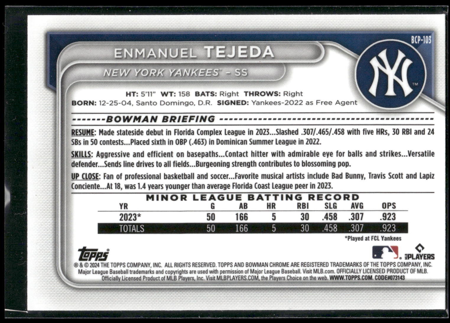 2024 Bowman #BCP-103 Enmanuel Tejeda Chrome Prospects