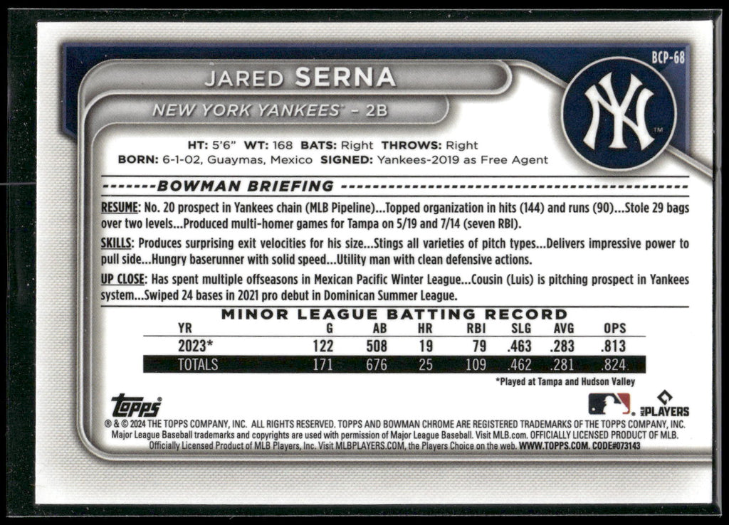 2024 Bowman #BCP-68 Jared Serna Chrome Prospects