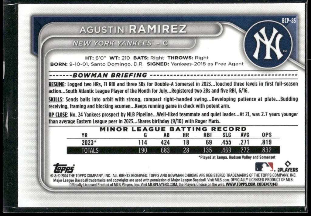 2024 Bowman #BCP-85 Agustin Ramirez Chrome Prospects