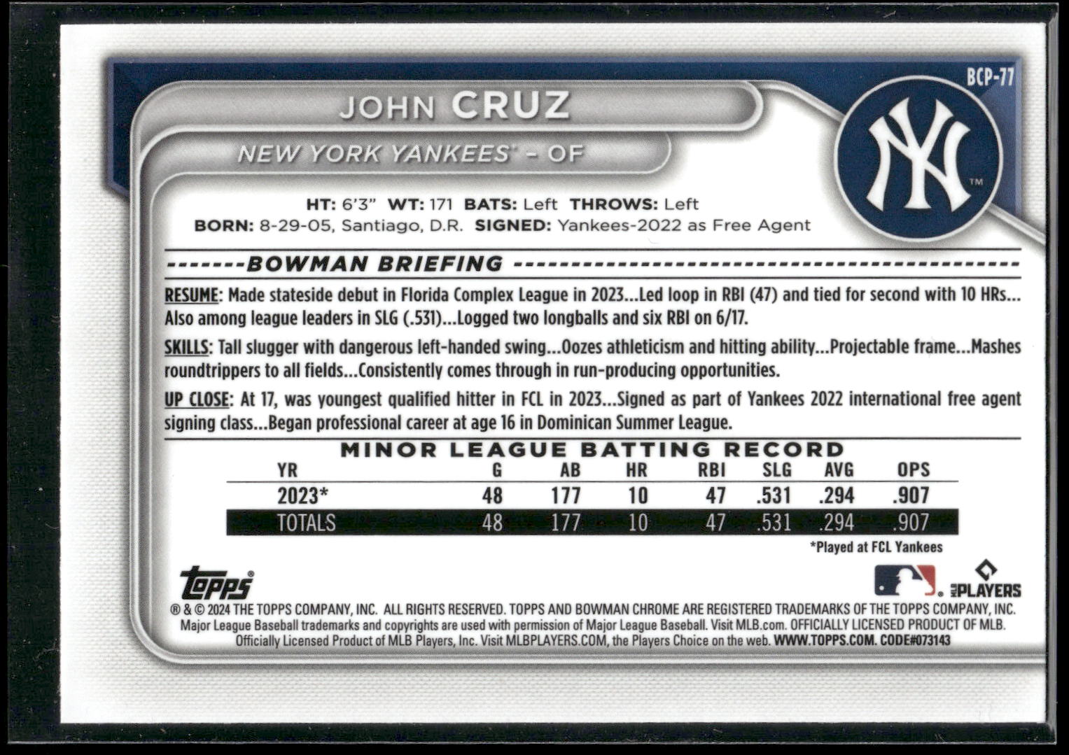 2024 Bowman #BCP-77 John Cruz Chrome Prospects