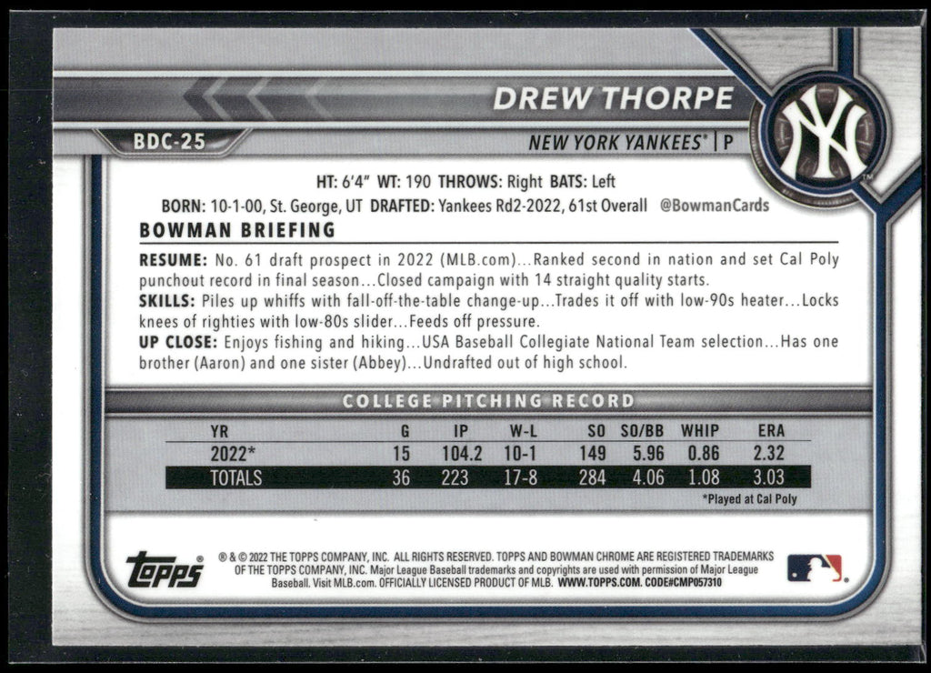 2022 Bowman Draft #BDC-25 Drew Thorpe Chrome