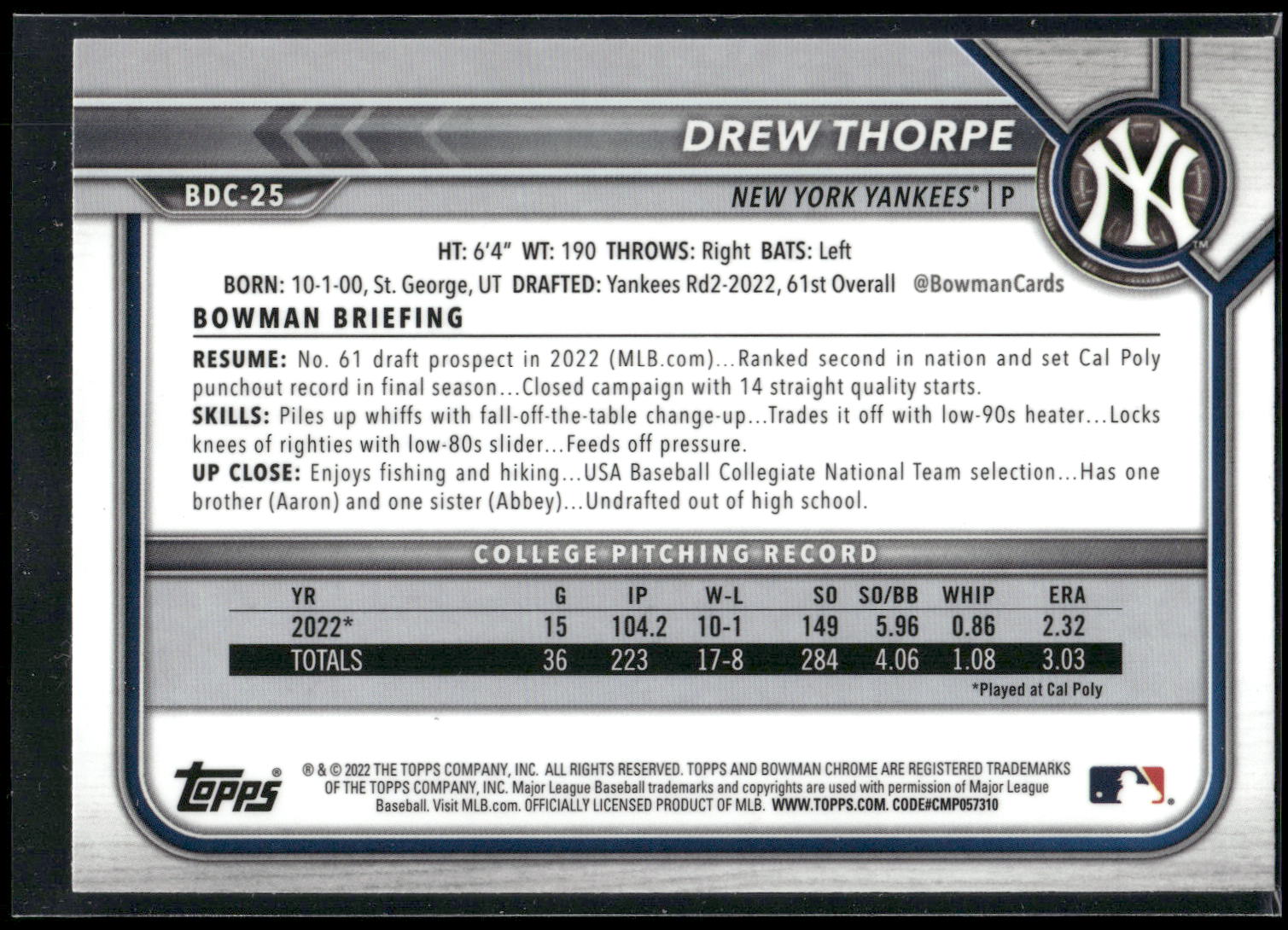 2022 Bowman Draft #BDC-25 Drew Thorpe Chrome